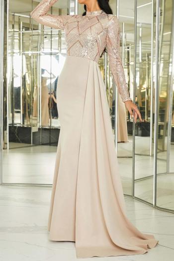 Elegant plus size slight stretch sequin padded long ribbon maxi dress
