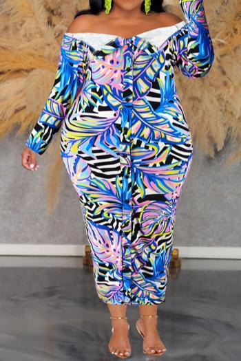 casual plus size slight stretch batch printing one shoulder midi dress