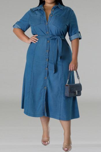 casual plus size non-stretch single-breasted with belt midi denim dress