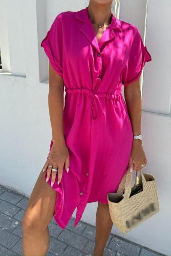 Casual plus size non-stretch lapel button solid color midi dress