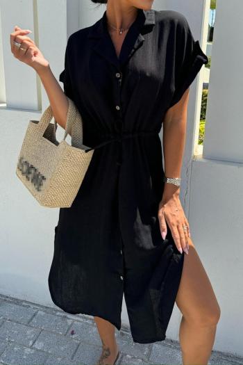 Casual plus size non-stretch lapel button solid color midi dress