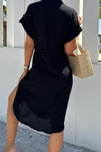 Casual plus size non-stretch lapel button solid color midi dress
