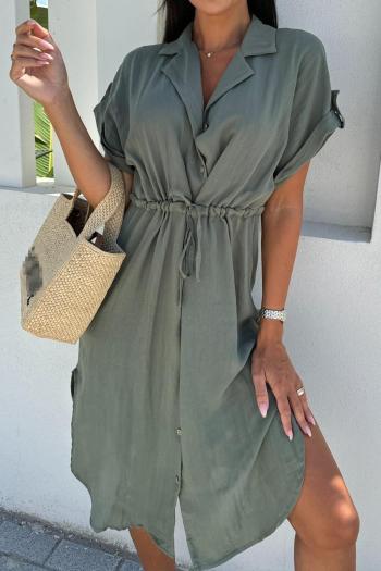 Casual plus size non-stretch lapel button solid color midi dress