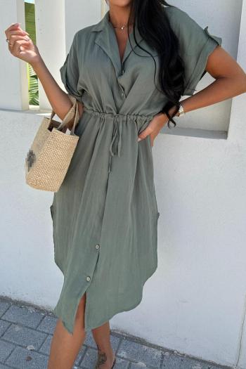 Casual plus size non-stretch lapel button solid color midi dress