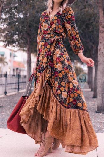casual non-stretch flower batch printing v-neck with belt maxi dress