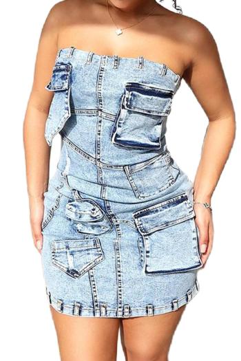 sexy non-stretch denim tube design slim zip-up mini dress