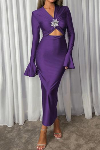 sexy slight stretch v-neck rhinestone decor hollow midi dress(with shoulder pad)