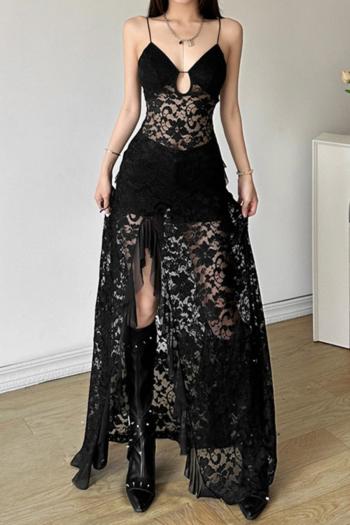 sexy slight stretch lace see-through high slit sling hollow maxi dress