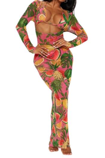 sexy plus size stretch mesh see-through fruit print maxi dress three piece set