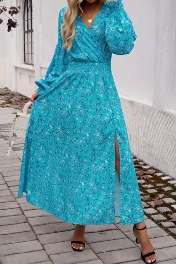 casual non-stretch v-neck slit floral batch printing maxi dress