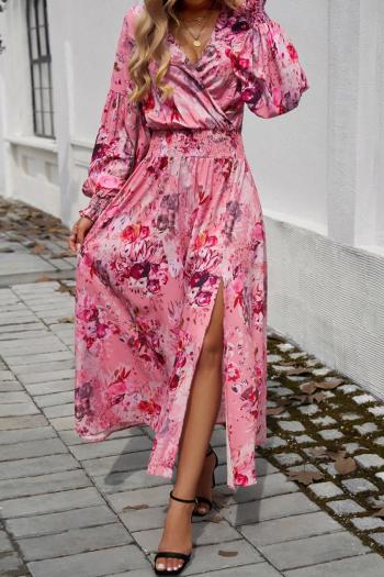 casual non-stretch v-neck slit flower batch printing maxi dress
