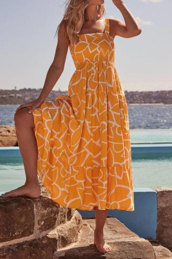 casual non-stretch sling simple geometric prints shirring midi dress