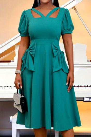 casual plus size slight stretch hollow solid color midi dress