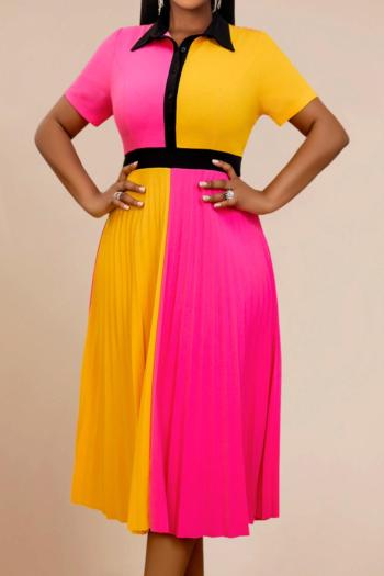casual plus size slight stretch lapel contrast color pleated midi dress