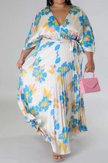 plus size non-stretch casual flower batch printing zip-up maxi dress with belt