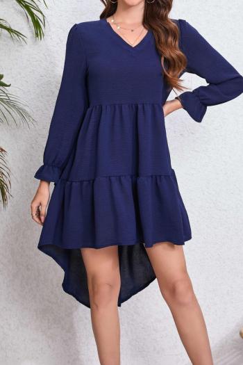casual non-stretch solid color chiffon asymmetrical hem long-sleeved midi dress