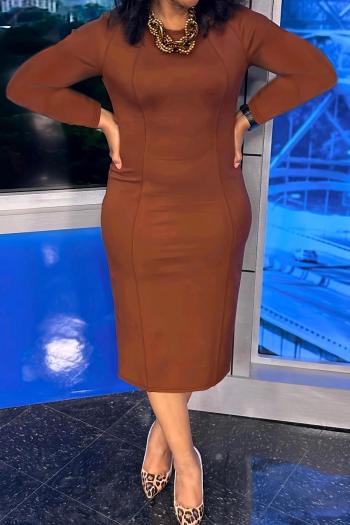 casual plus size slight stretch simple solid color long sleeve midi dress
