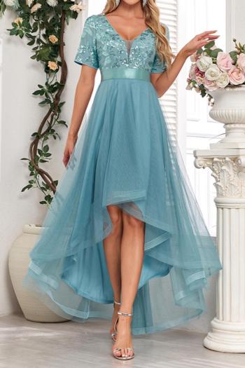 elegant non-stretch sequins v-neck irregular multi-layer mesh maxi evening dress
