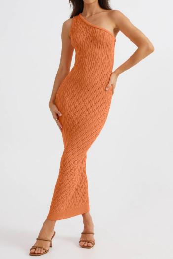 sexy slight stretch solid color slim one shoulder knitted hollow midi dress