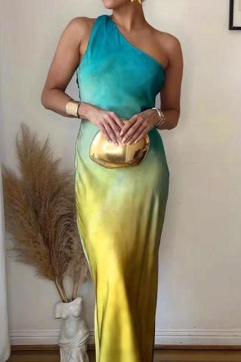 new slight stretch polyester gradient color satin one shoulder midi dress