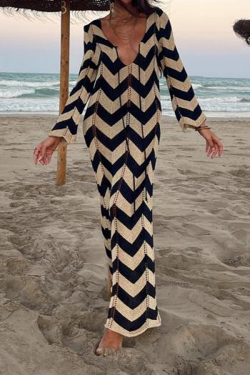 new slight stretch polyester stripe patchwork knit lace-up long sleeve maxi dress