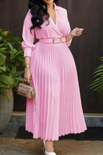 new plus-size non-stretch patchwork solid color with belt long sleeve maxi dress