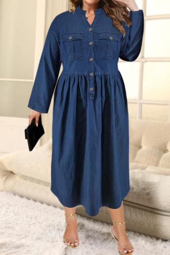 casual plus size non-stretch long sleeve solid color midi denim dress
