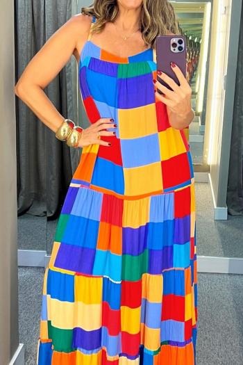 casual non-stretch multicolor lattice printing sling midi dress