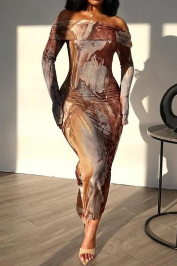 sexy high stretch batch printing off shoulder long sleeve bodycon midi dress