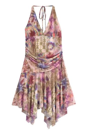 sexy slight stretch mesh halter-neck flower batch printing mini dress