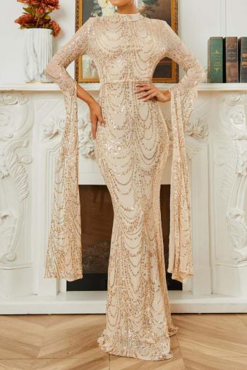 elegant slight stretch sequin long sleeve padded with lined maxi dress