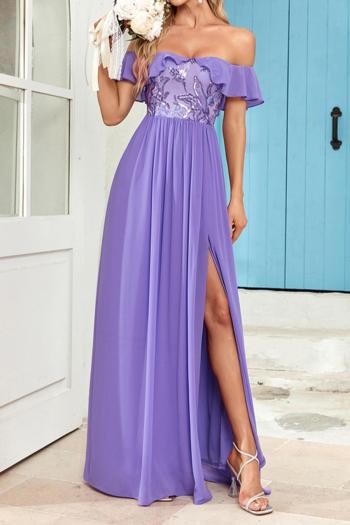 elegant non-stretch sequins chiffon patchwork high slit maxi evening dress