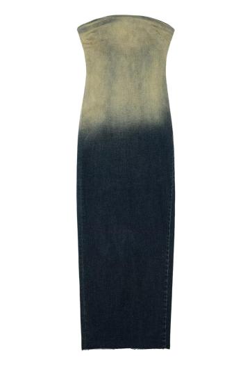 stylish non-stretch contrast color zip-up slim denim midi dress size run small