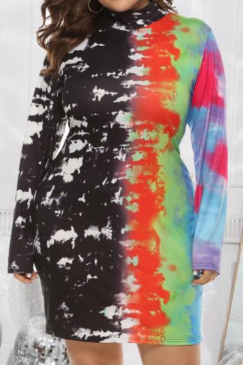 casual plus size slight stretch tie dye long sleeve bodycon mini dress