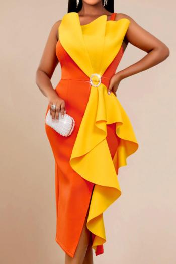 sexy plus size slight stretch contrast color ruffle decor midi dress