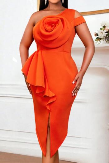 sexy plus size slight stretch one shoulder flower decor slit midi dress