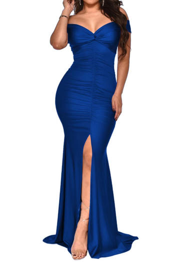new plus-size slight stretch patchwork pleated 8-color off shoulder maxi dress