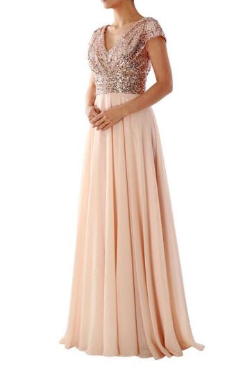 new elegant plus-size chiffon patchwork sequins v-neck maxi dress