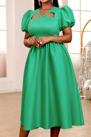 casual plus size slight stretch hollow v-neck solid color midi dress