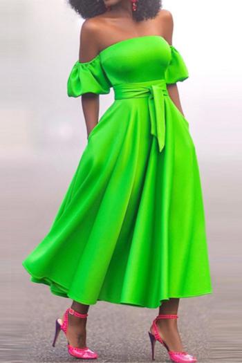 new slight stretch solid color patchwork puff sleeves with belt midi dress