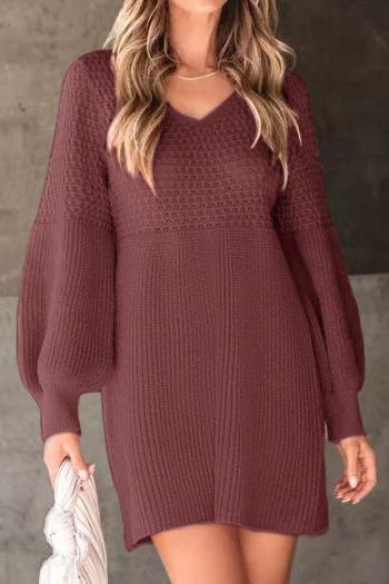 new slight stretch acrylic solid color knit v-neck long sleeve mini dress