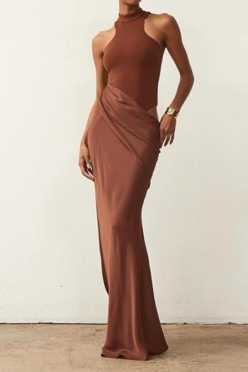 new slight stretch patchwork satin solid color pleat hollow maxi tank dress