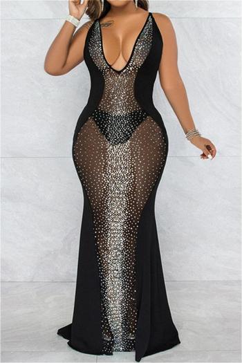 sexy plus-size slight stretch patchwork mesh rhinestones see through maxi dress