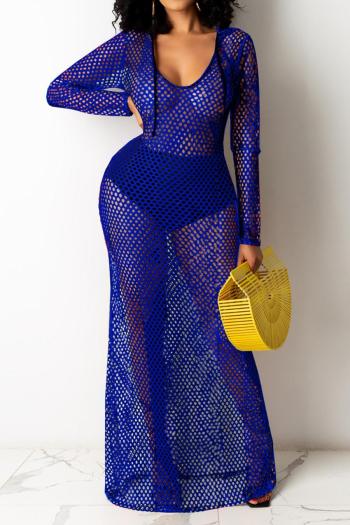 sexy plus-size slight stretch solid color see through hooded maxi dress