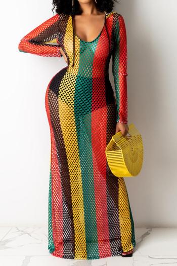 sexy plus-size slight stretch contrast color see through hooded maxi dress