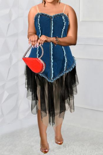 stylish plus size slight stretch denim mesh stitching backless sling midi dress