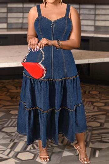 casual plus size slight stretch denim backless sling zip-up midi dress