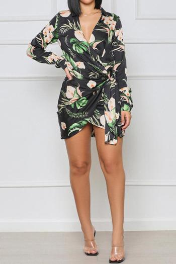 sexy plus size non-stretch leaf print slim v-neck long sleeve mini dress