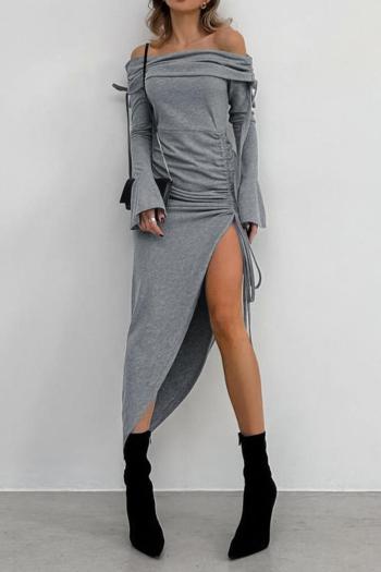 sexy slight stretch patchwork solid color one shoulder long sleeve midi dress