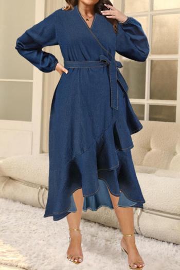 casual plus size non-stretch solid color with belt irregular midi dress